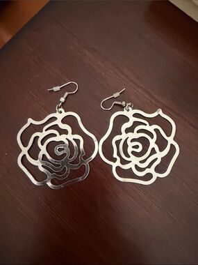 Silver Rose Cutout Dangle Earrings - Women's Jewelry